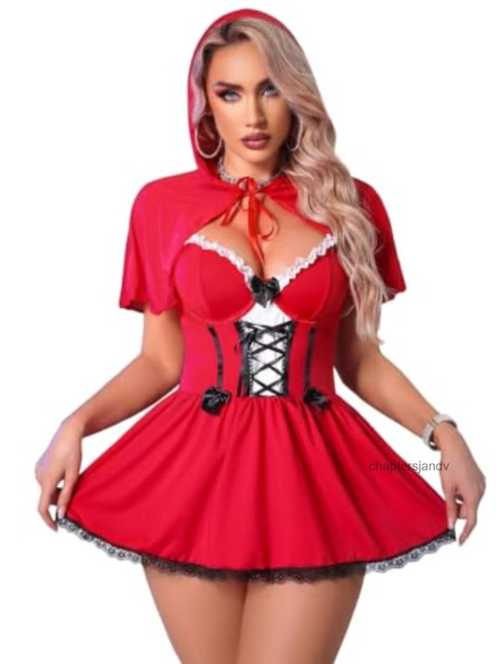 Sexy Little Red Riding Hood Costume Lace-Up Corset Dress with Hooded Cape